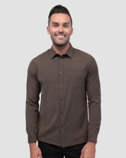 Long Sleeve Button Up -Men's daily clothing ButtonUp Mens LongSleeve Brown Front