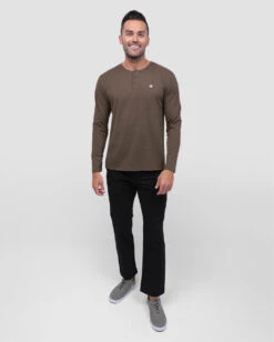 Long Sleeve Henley Tee - Branded -Men's daily clothing Henly Mens LongSleeve Brown Full