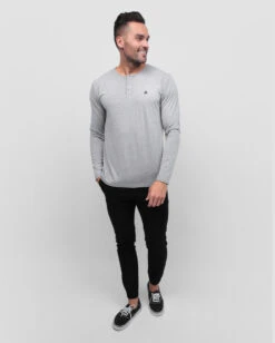 Long Sleeve Henley Tee - Branded -Men's daily clothing Henly Mens LongSleeve Grey Full