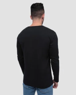 Long Sleeve Henley Tee - Branded -Men's daily clothing Henly Mens LongSleeves Black Back