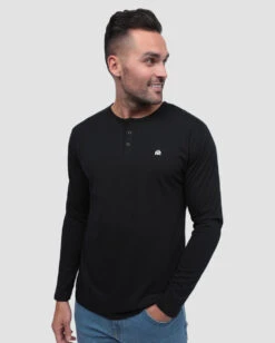 Long Sleeve Henley Tee - Branded -Men's daily clothing Henly Mens LongSleeves Black Front